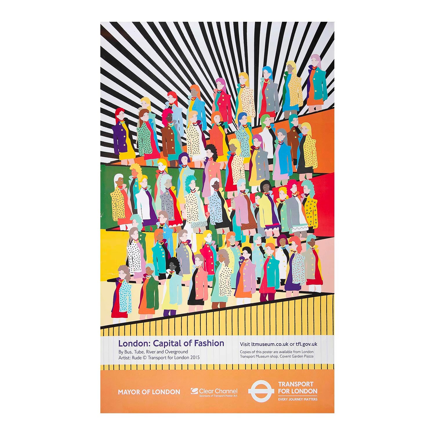 Original travel poster, London: Capital of Fashion by Bus, Tube, River and Overground, designed by RUDE (Rupert & Abi Meats), published by Transport for London in 2015. An especially vibrant, and successful, design depicting fashionably dressed Londoners against a striking graphic background