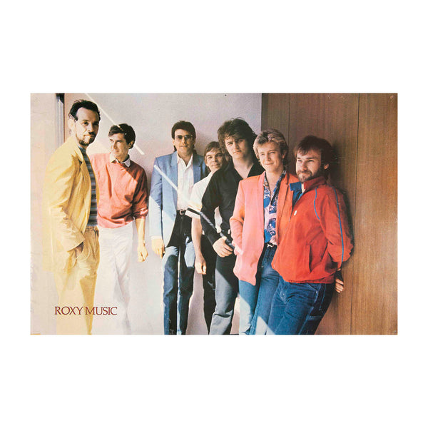 Original promotional poster for the English rock band Roxy Music, c. 1980. The photographic design features band members Phil Manzanera, Bryan Ferry, Andy Mackay, Neil Hubbard, Paul Thompson, Gary Tibbs, and Paul Carrack.