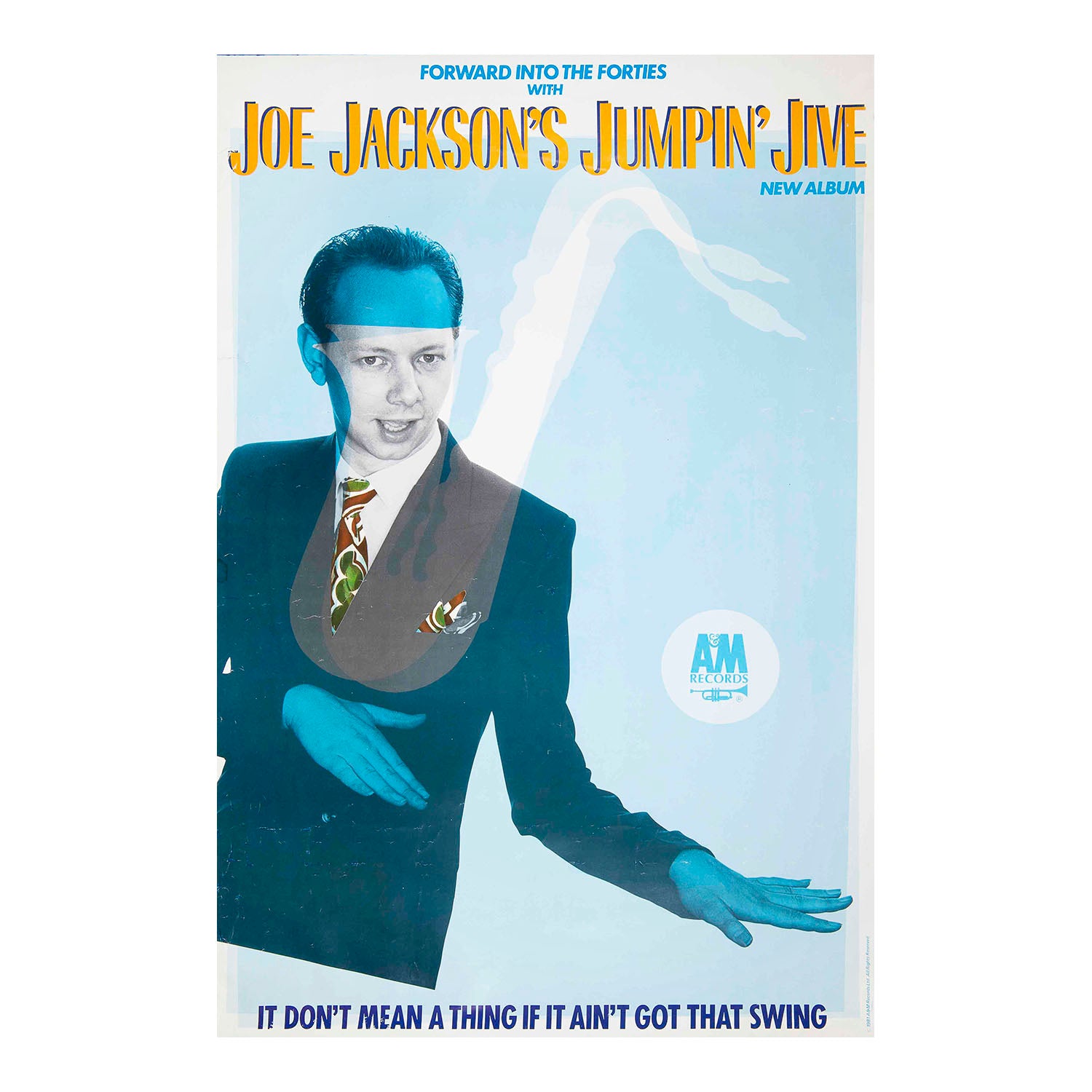 An original promotional poster for Joe Jackson's Jumpin' Jive, the fourth studio album by Joe Jackson released by AM Records in 1981. The design features a photograph of Jackson against a blue background with superimposed saxophone.