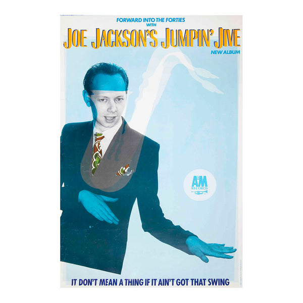 An original promotional poster for Joe Jackson's Jumpin' Jive, the fourth studio album by Joe Jackson released by AM Records in 1981. The design features a photograph of Jackson against a blue background with superimposed saxophone.