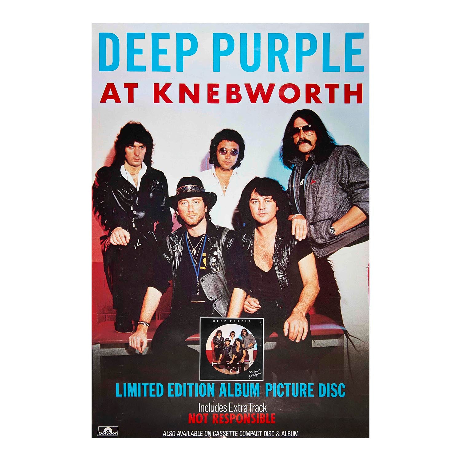 Original, and rare, promotional poster for Deep Purple’s legendary concert at Knebworth Park on June 22, 1985. The poster also promotes a limited-edition picture disk of the 1984 album Perfect Strangers, released as a tie-in for the Knebworth event. Photograph features the classic ‘Mark II’ reunion lineup of Ian Gillan, Ritchie Blackmore, Jon Lord, Roger Glover, and Ian Paice.