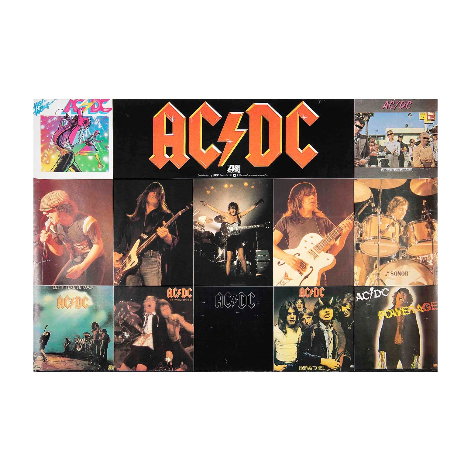 Original promotional poster, featuring AC/DC album covers, including High Voltage, Let There Be Rock, Highway to Hell, and Powerage. Published by Atlantic Records, c. 1981.