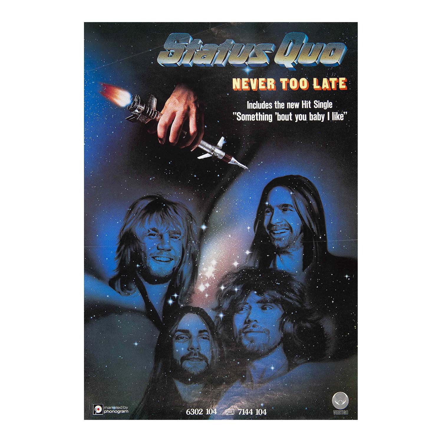 An original in-store promotional poster for Never Too Late, the fourteenth studio album by British rock band Status Quo released on 13 March 1981 by Vertigo Records.
