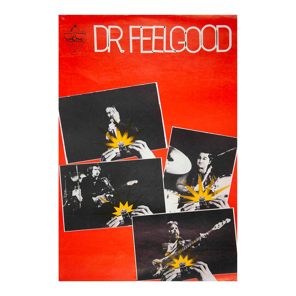 An original promotional poster for As It Happens by the British rock band Dr. Feelgood, 1979. The poster features black-and-white photo collages of live performances featuring band members, against a red background with the Dr. Feelgood logo.