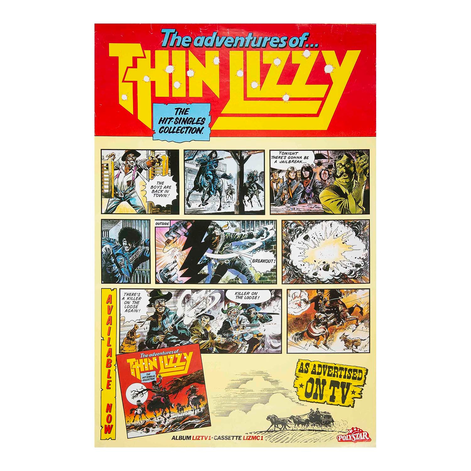 A rare original promotional poster for The Adventures of Thin Lizzy, a compilation album by the rock band Thin Lizzy, released in the United Kingdom and Ireland in 1981. The poster artwork, by British cartoonist Martin Asbury, features a Western-style strip comic depicting the band’s singer Phil Lynott being rescued from jail by members of the band. The cartoon strip was used in full for a contemporary TV commercial promoting the album