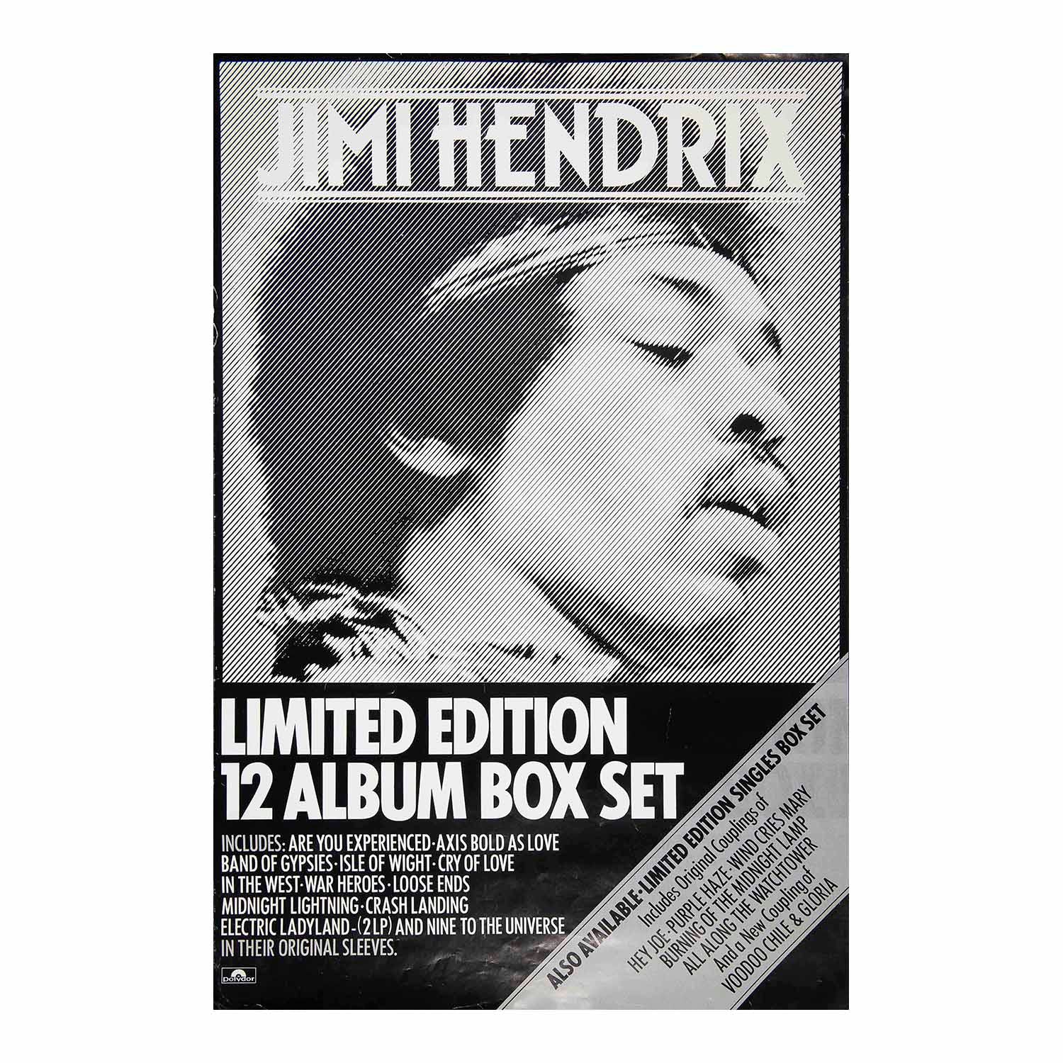Original instore promotional poster, Jimi Hendrix 12 Album Box Set, released by Polydor Records, 1980.