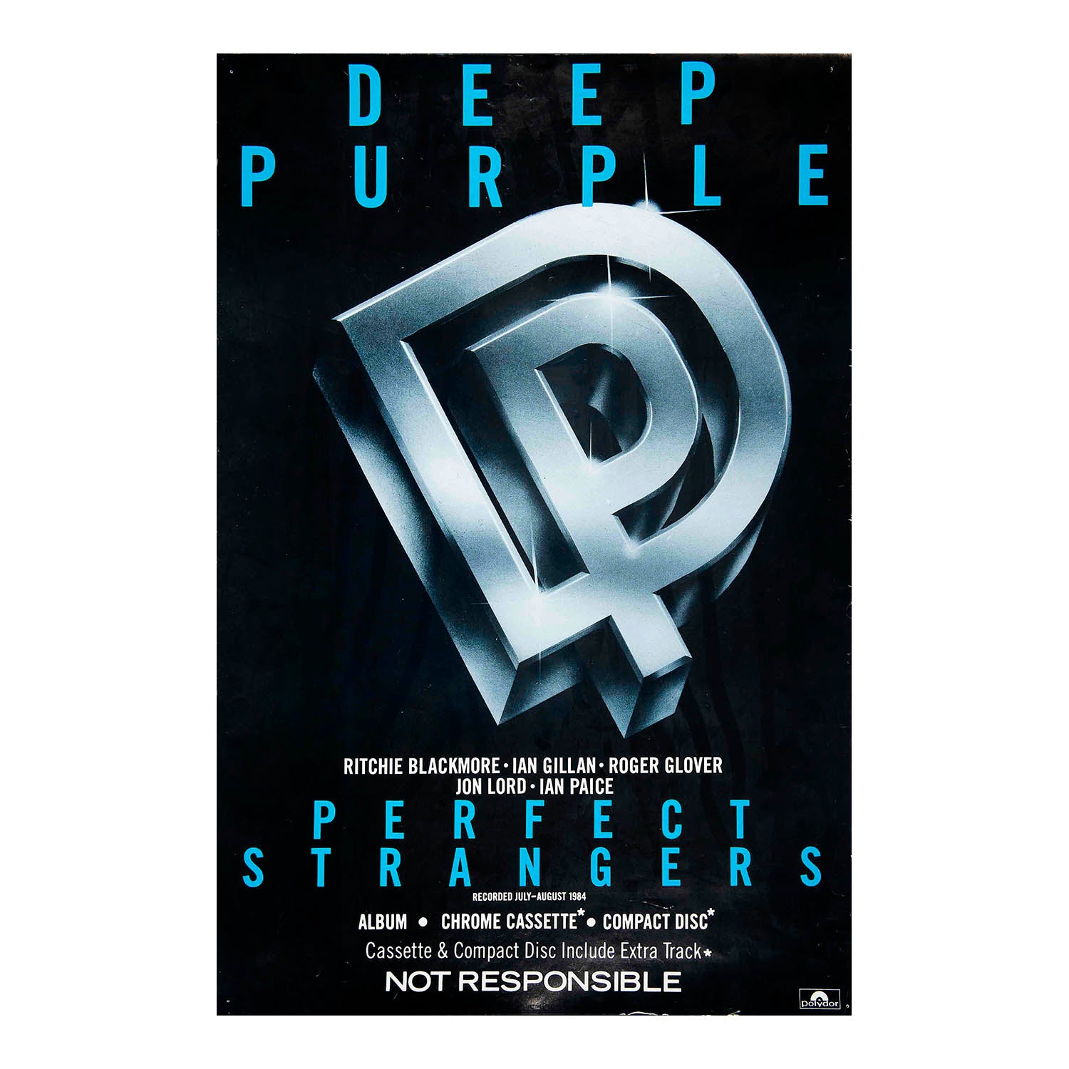 Original, official, promotional poster, Perfect Strangers, the eleventh studio album by English rock band Deep Purple, released by Polydor, 29 October 1984.