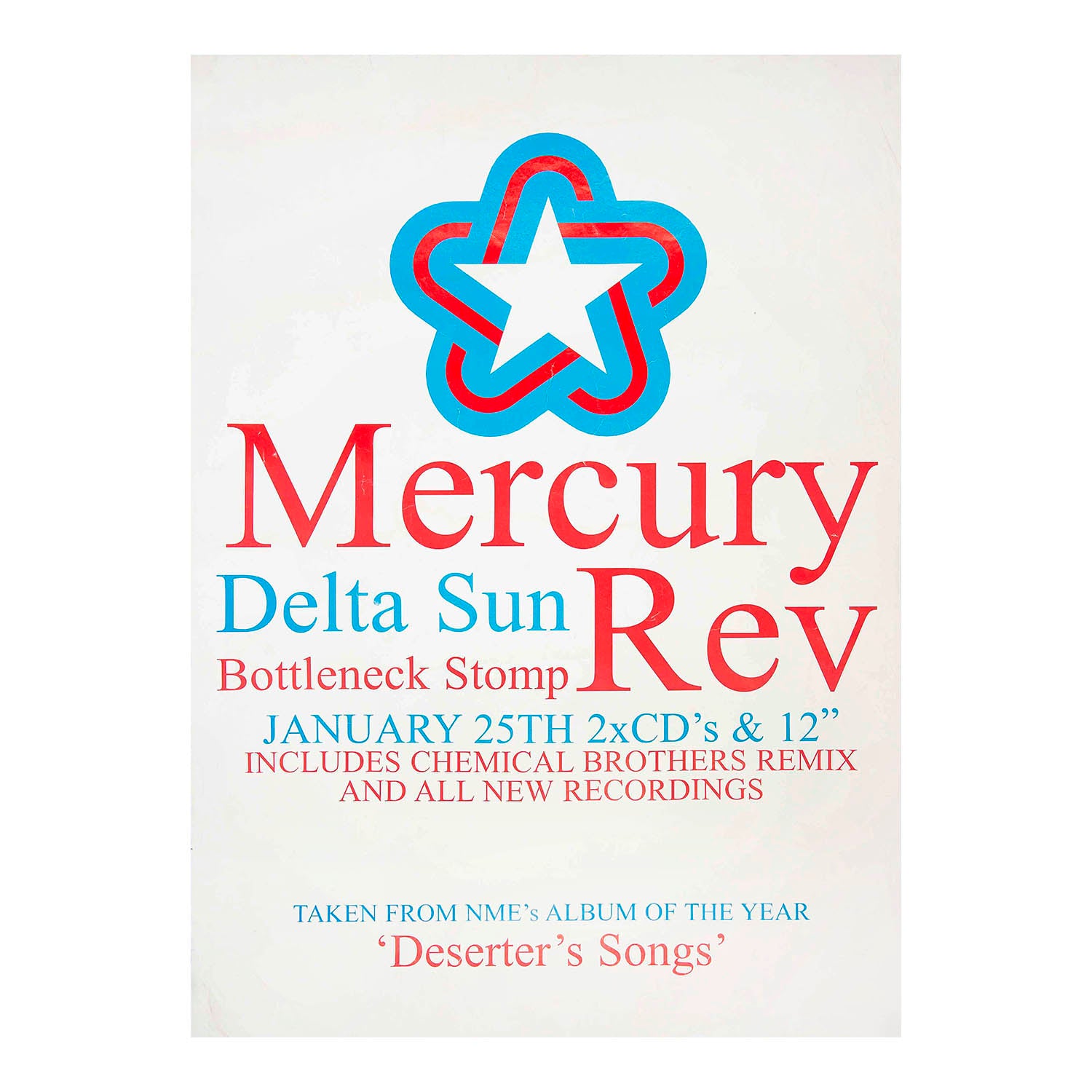 Original, official, promotional poster, Delta Sun Bottleneck Stomp, the second single from Mercury Rev's fourth studio album, Deserter's Songs, released in the UK by V2 Records on 25 January 1999.