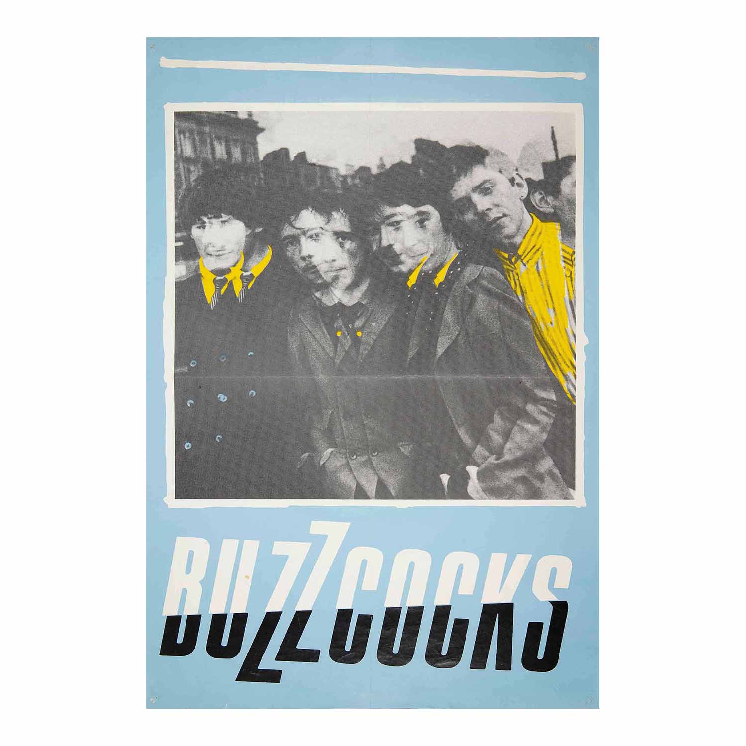 Rare original, promotional, poster, depicting the English punk band Buzzcocks, c. 1979. Buzzcocks posters were always better than most band posters of the time. This design features a double black-and-white photographic overlay of the band members, with superimposed yellow detailing.