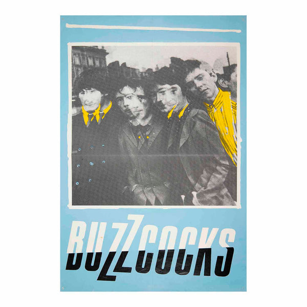 Rare original, promotional, poster, depicting the English punk band Buzzcocks, c. 1979. Buzzcocks posters were always better than most band posters of the time. This design features a double black-and-white photographic overlay of the band members, with superimposed yellow detailing.