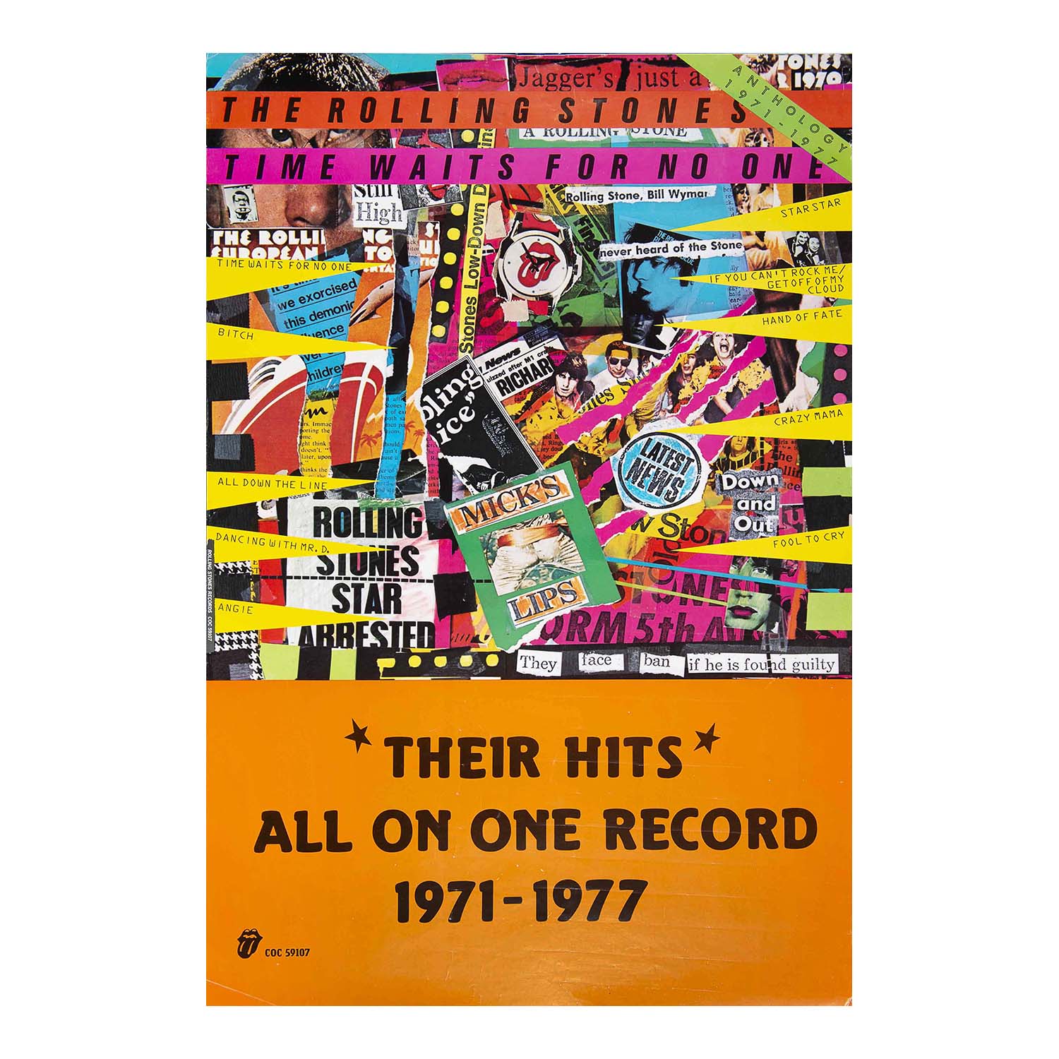 A super rare, original, promotional poster, Time Waits for No One, Anthology 1971-1977, released by the Rolling Stones, 1979. The design features the album cover, consisting of a photomontage of the band, cover artwork and newspaper clippings