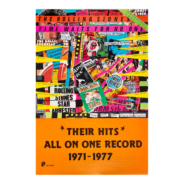 A super rare, original, promotional poster, Time Waits for No One, Anthology 1971-1977, released by the Rolling Stones, 1979. The design features the album cover, consisting of a photomontage of the band, cover artwork and newspaper clippings