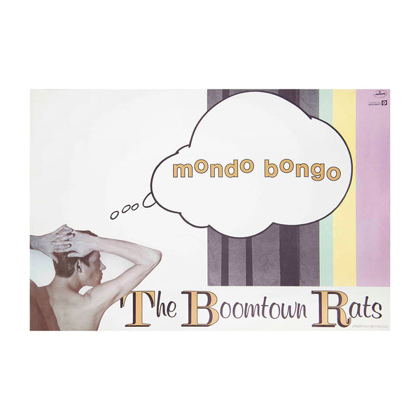 An original in-store promotional poster for Mondo Bongo, the fourth studio album by the Boomtown Rats, released in 1980 by Mercury Records. The artwork features signer Bob Geldof