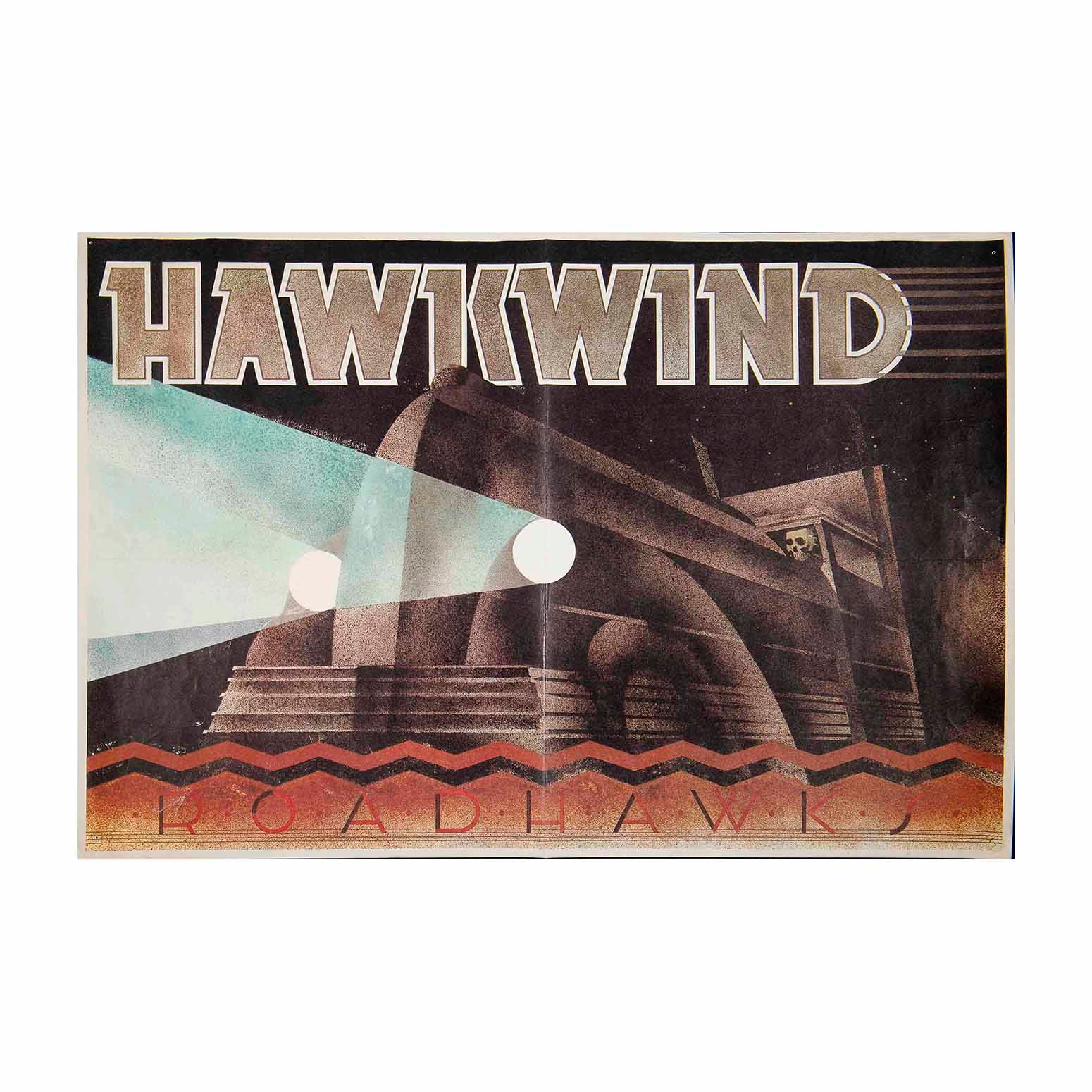 A vintage-style poster or print featuring the word 'HAWKWIND' in large letters above an abstract architectural scene with two bright circular light sources and red zigzag bands near the bottom, shown against a plain white background.