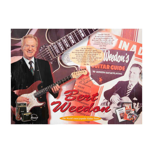 Original instore promotional poster for Bert Weedon’s famous Play in a Day instructional guide to learning the guitar. Hand signed by Weedon.