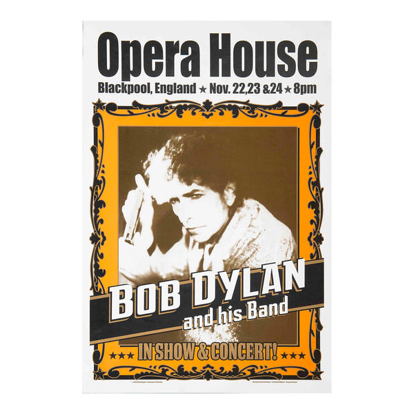 An original promotional souvenir poster for Bob Dylan and his band, live at the Blackpool Opera House, November 2013. Poster designed by Geof Gans and sold in high-quality, limited-edition format, printed on heavier paper stock than normal