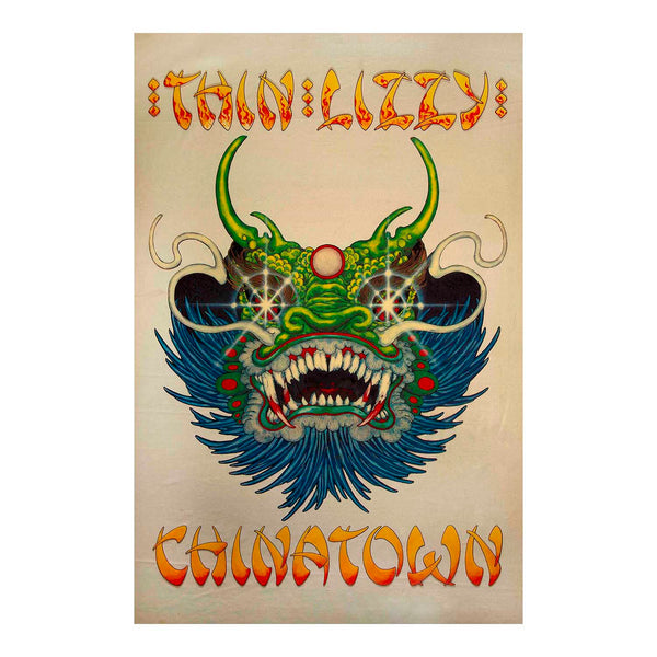 A vertical graphic print featuring a stylized green dragon head with blue wings and orange text reading 'Thin Lizzy' at the top and 'Chinatown' at the bottom, centered on a light beige background.