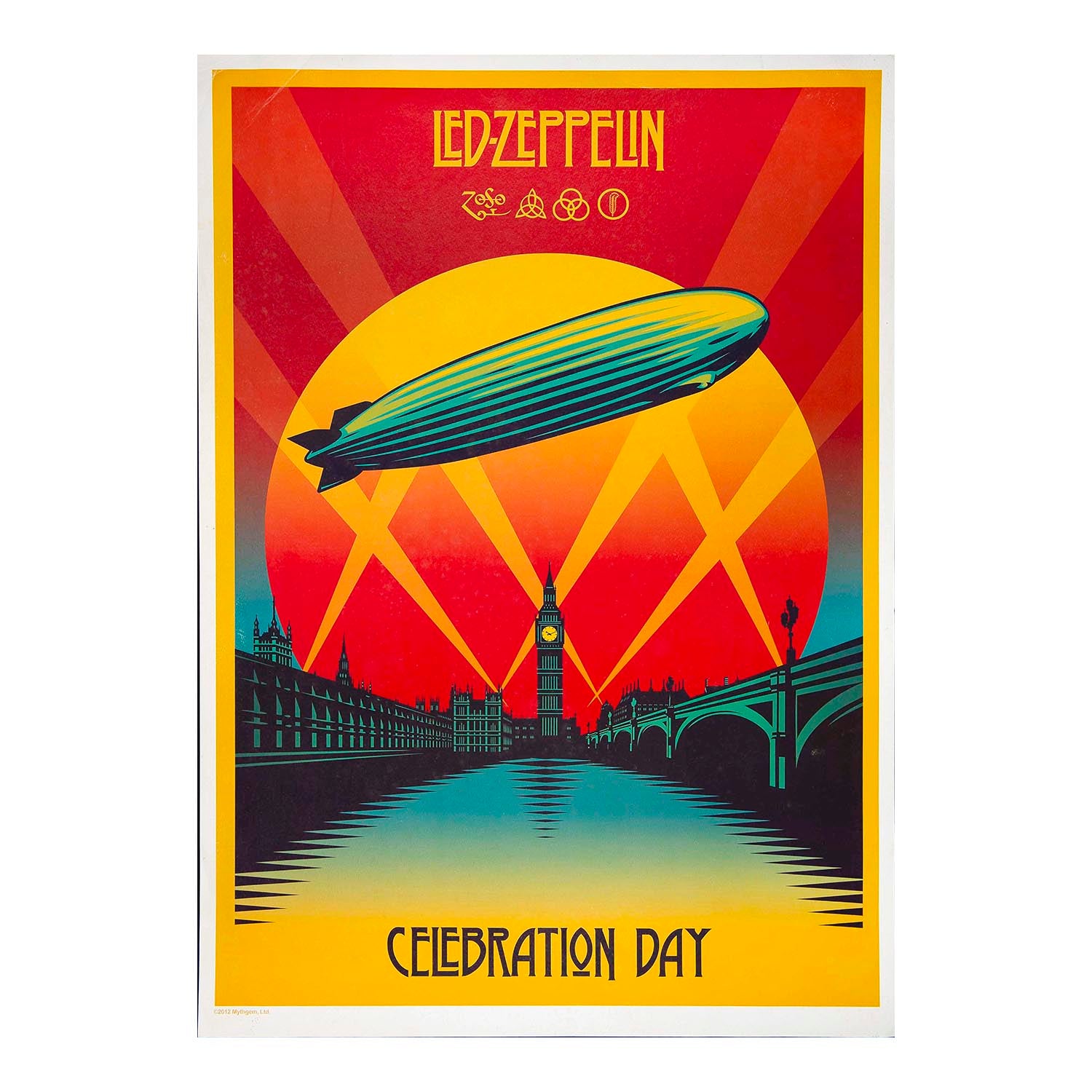 A vintage-style Led Zeppelin poster print featuring a large yellow sun, teal blimp, London skyline, and the text 'LED ZEPPELIN' and 'CELEBRATION DAY' on a white border.