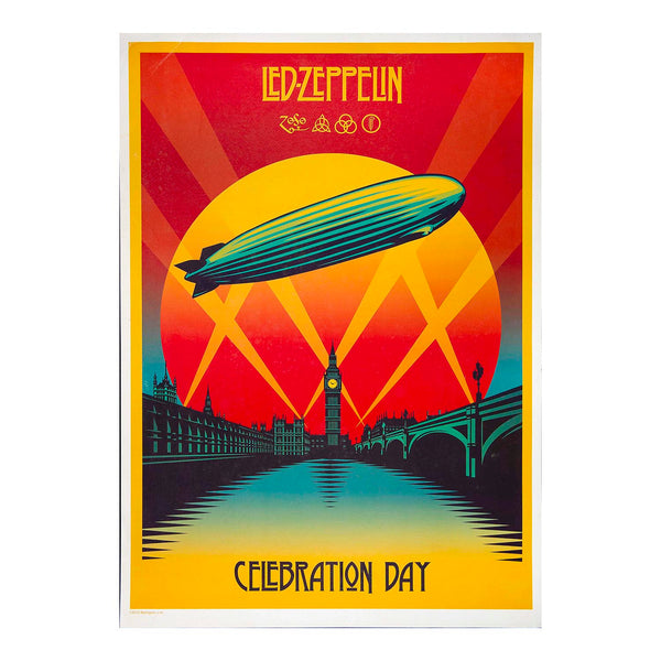 A vintage-style Led Zeppelin poster print featuring a large yellow sun, teal blimp, London skyline, and the text 'LED ZEPPELIN' and 'CELEBRATION DAY' on a white border.