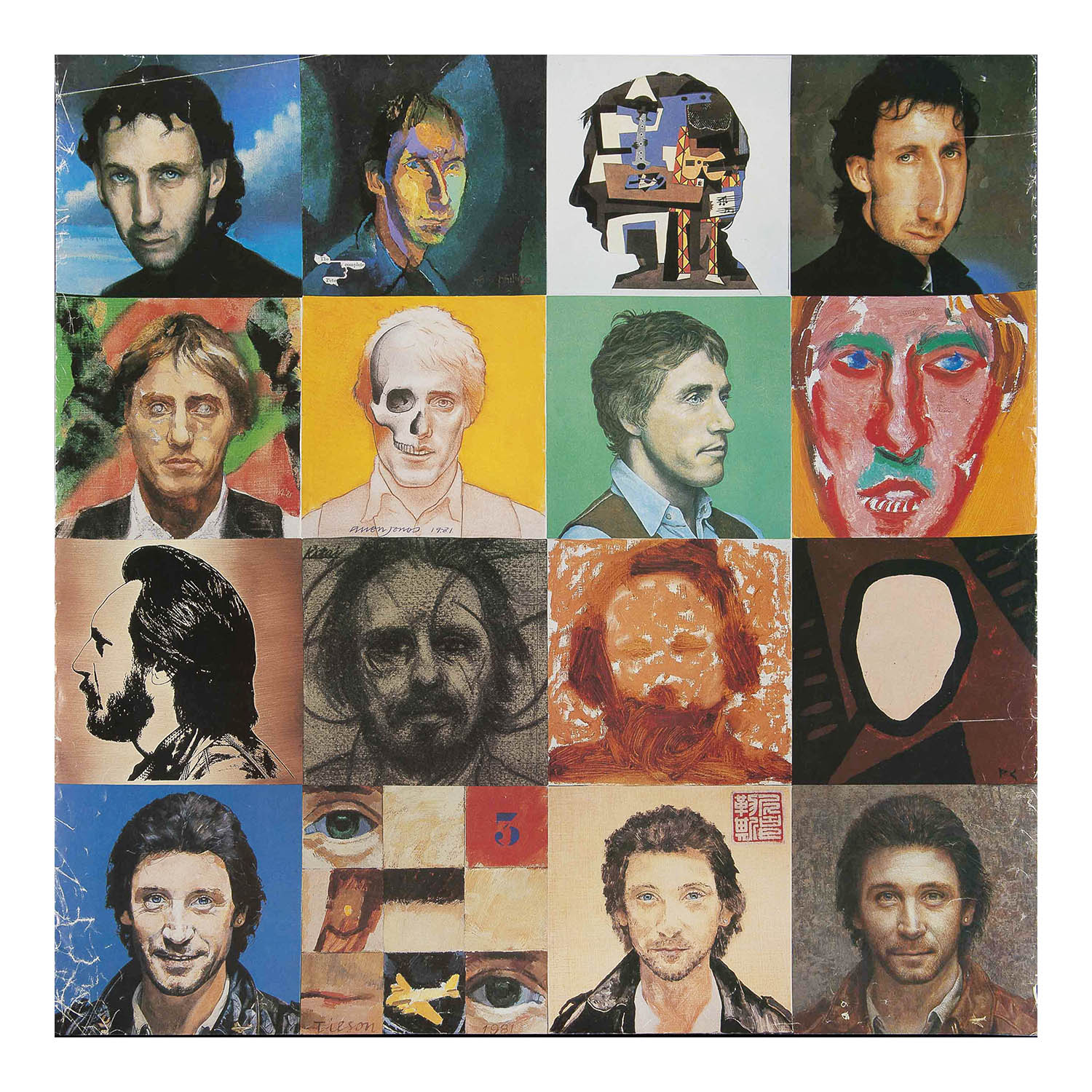 Original promotional poster, Face Dances, the ninth studio album by the English rock band the Who, released in 1981. The album/poster artwork features 16 paintings of the band members by 16 British painters, who were commissioned by Peter Blake, designer of the cover of the Beatles' album Sgt. Pepper's Lonely Hearts Club Band (1967). Artists include Tom Phillips, Richard Hamilton, Allen Jones, David Hockney, Clive Barker, R. B. Kitaj, Howard Hodgkin, Patrick Caulfield, David Inshaw, Mike Andrews, Joe Tilso