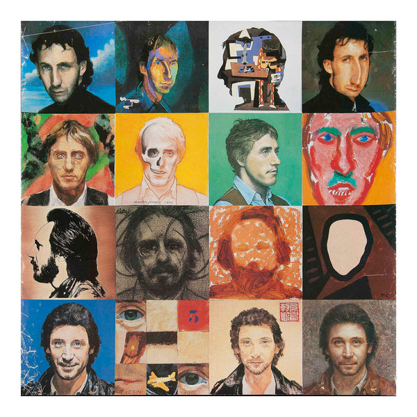 Original promotional poster, Face Dances, the ninth studio album by the English rock band the Who, released in 1981. The album/poster artwork features 16 paintings of the band members by 16 British painters, who were commissioned by Peter Blake, designer of the cover of the Beatles' album Sgt. Pepper's Lonely Hearts Club Band (1967). Artists include Tom Phillips, Richard Hamilton, Allen Jones, David Hockney, Clive Barker, R. B. Kitaj, Howard Hodgkin, Patrick Caulfield, David Inshaw, Mike Andrews, Joe Tilso