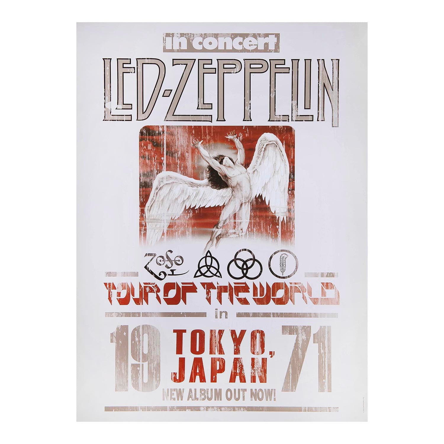 A vintage-style Led Zeppelin concert poster featuring the band name at the top, a central illustration of an angel with wings, and text reading 'Tour of the World in Tokyo, Japan 1971' on a white background.