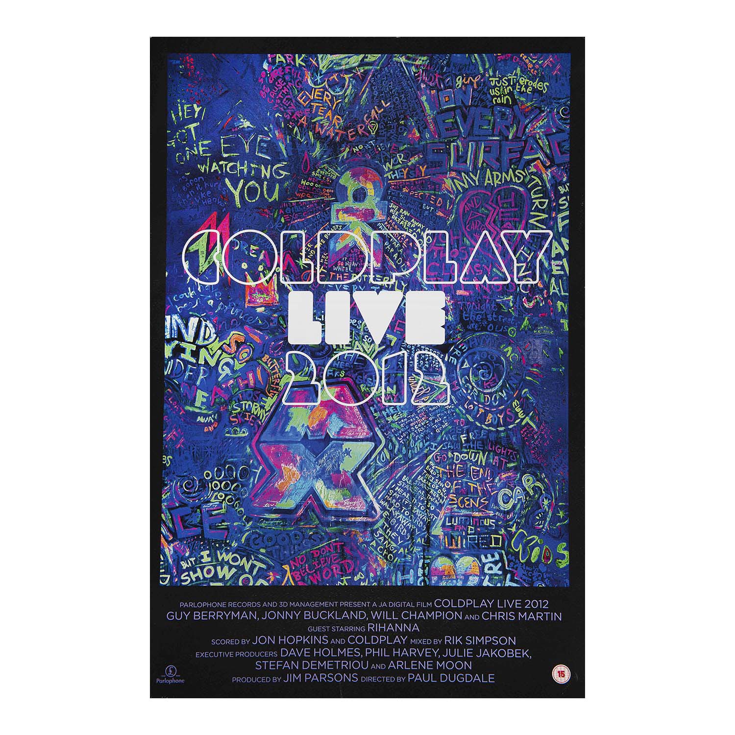 Original, official merchandise, souvenir theatrical release poster for Coldplay Live 2012, a concert film and live album documenting the British rock band's Mylo Xyloto World Tour. Printed on high grade stock paper