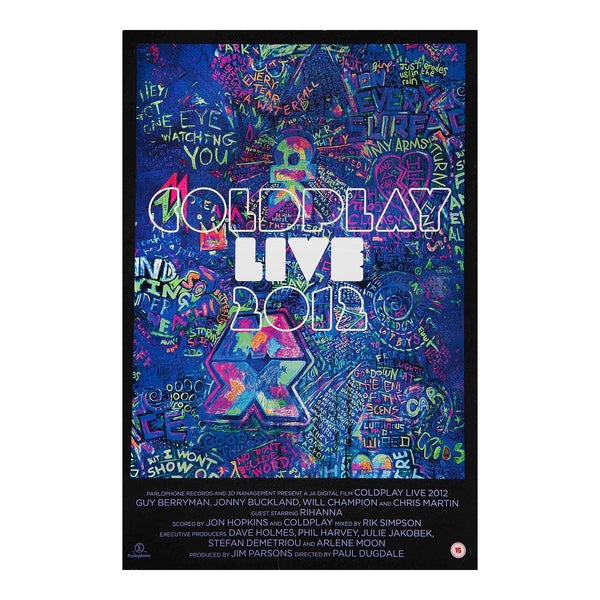 Original, official merchandise, souvenir theatrical release poster for Coldplay Live 2012, a concert film and live album documenting the British rock band's Mylo Xyloto World Tour. Printed on high grade stock paper