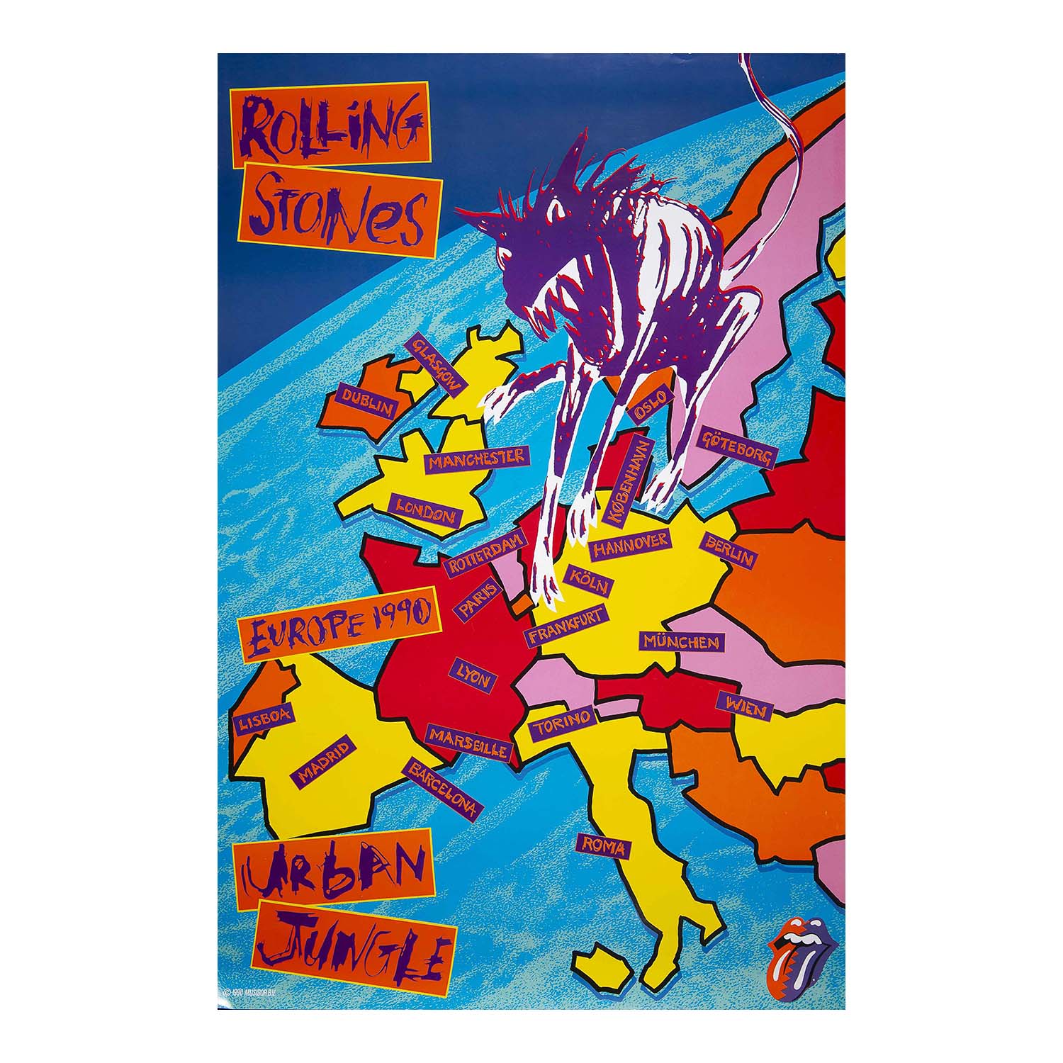 An original promotional poster advertising the Rolling Stones’ 1990 Urban Jungle Tour. The tour was the European leg of the Steel Wheels Tour which had opened in north America the previous year. The poster design, by Andie Airfix of Satori Graphic, features a stylised map of Europe showing the tour venues above the Stones’ famous Lips logo.