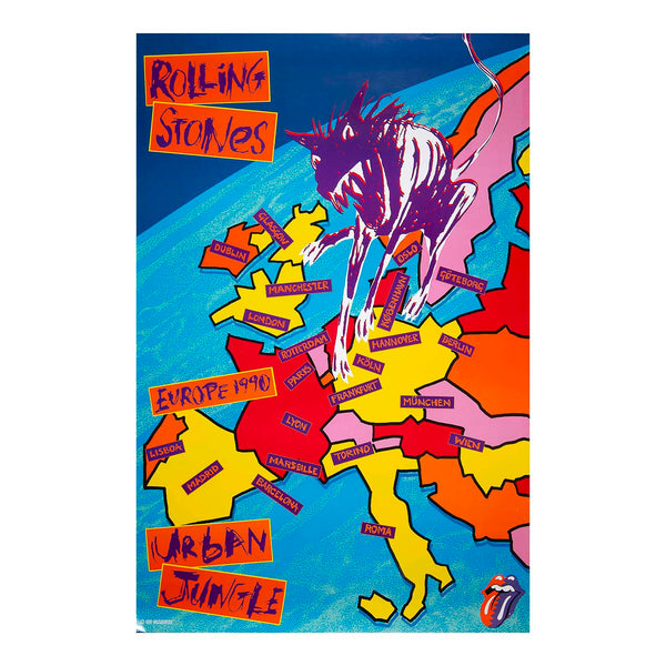 An original promotional poster advertising the Rolling Stones’ 1990 Urban Jungle Tour. The tour was the European leg of the Steel Wheels Tour which had opened in north America the previous year. The poster design, by Andie Airfix of Satori Graphic, features a stylised map of Europe showing the tour venues above the Stones’ famous Lips logo.