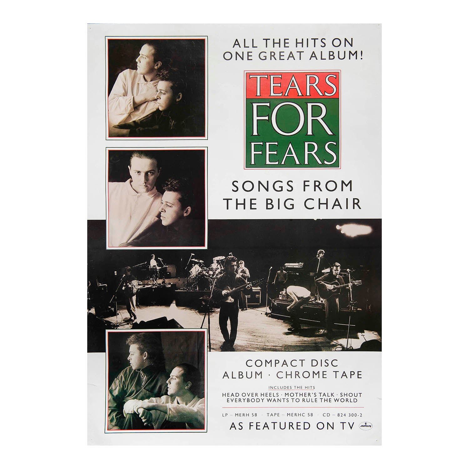 Tears for Fears 'Songs From the Big Chair' compact disc album cover, featuring black-and-white band photos and bold red and green title text on a white background.