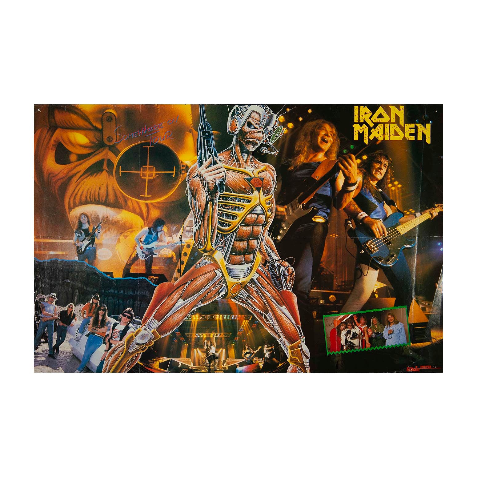 Original, pull-out, magazine Iron Maiden poster, depicting the band during the Somewhere On Tour, a worldwide concert tour promoting the album Somewhere in Time, c. 1986/87. The poster was originally issued free as an insert in Metal Hammer magazine