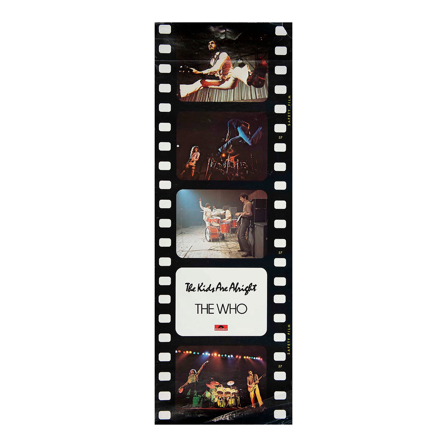 A vertical film-strip-style print featuring photos of The Who performing live, with the text 'The Kids Are Alright' and 'THE WHO' on a white panel, shown on a plain white background.