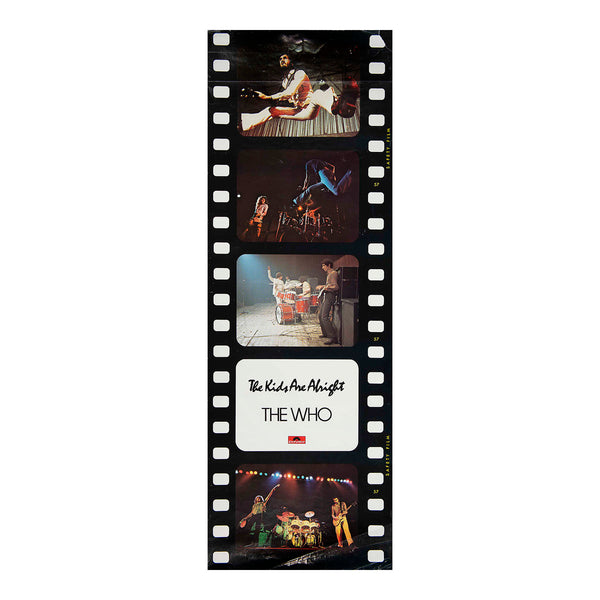 A vertical film-strip-style print featuring photos of The Who performing live, with the text 'The Kids Are Alright' and 'THE WHO' on a white panel, shown on a plain white background.