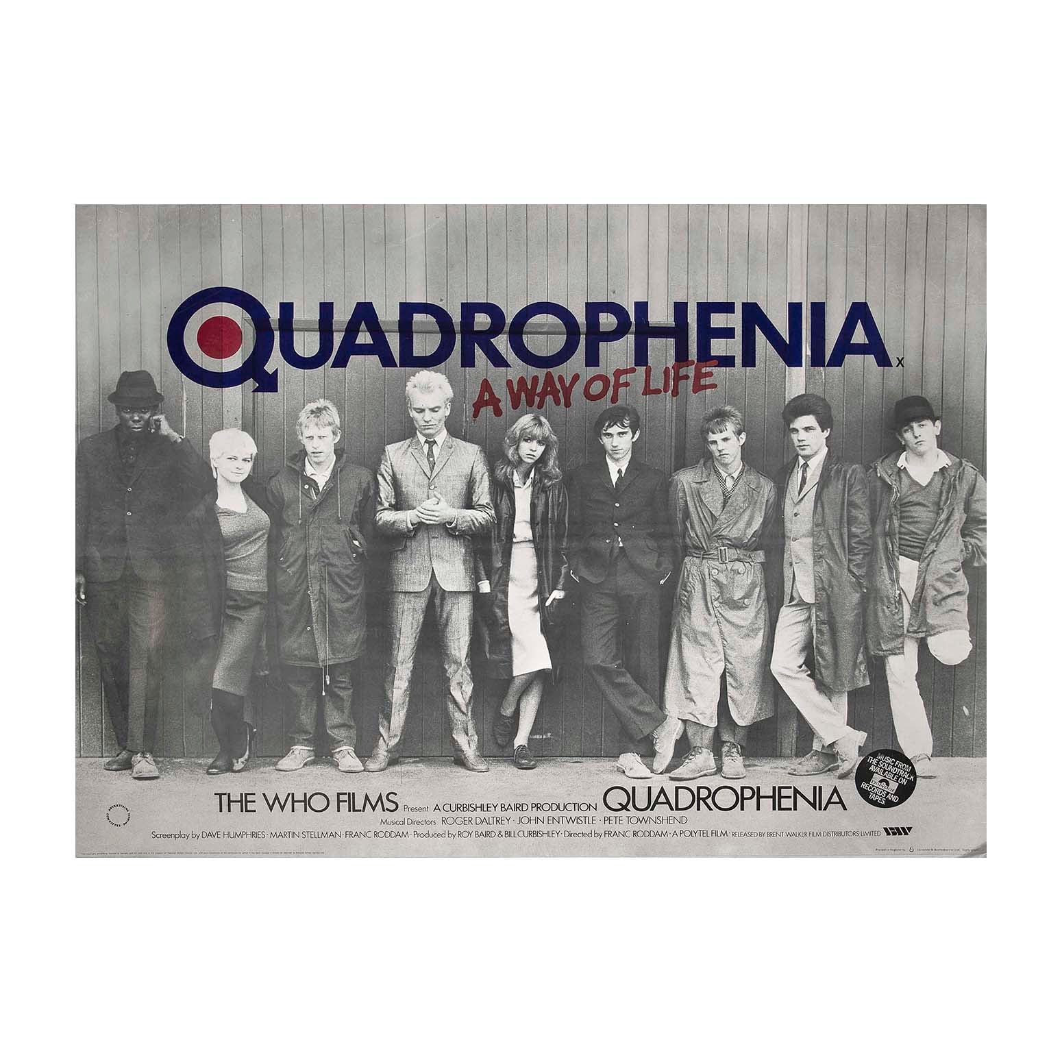 A vintage-style Quadrophrenia movie poster featuring a group of nine people standing in front of a wood-paneled wall, with the title 'QUADROPHENIA' and subtitle 'A WAY OF LIFE' in large text at the top.