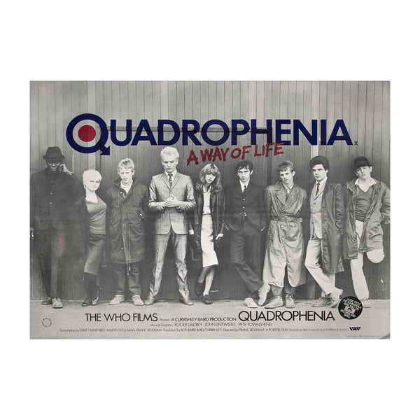 A vintage-style Quadrophrenia movie poster featuring a group of nine people standing in front of a wood-paneled wall, with the title 'QUADROPHENIA' and subtitle 'A WAY OF LIFE' in large text at the top.