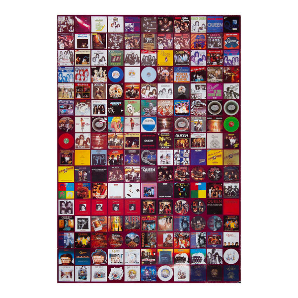 An official promotional poster, published by Queen Products Ltd, illustrating a variety of Queen album and single covers, 1992.