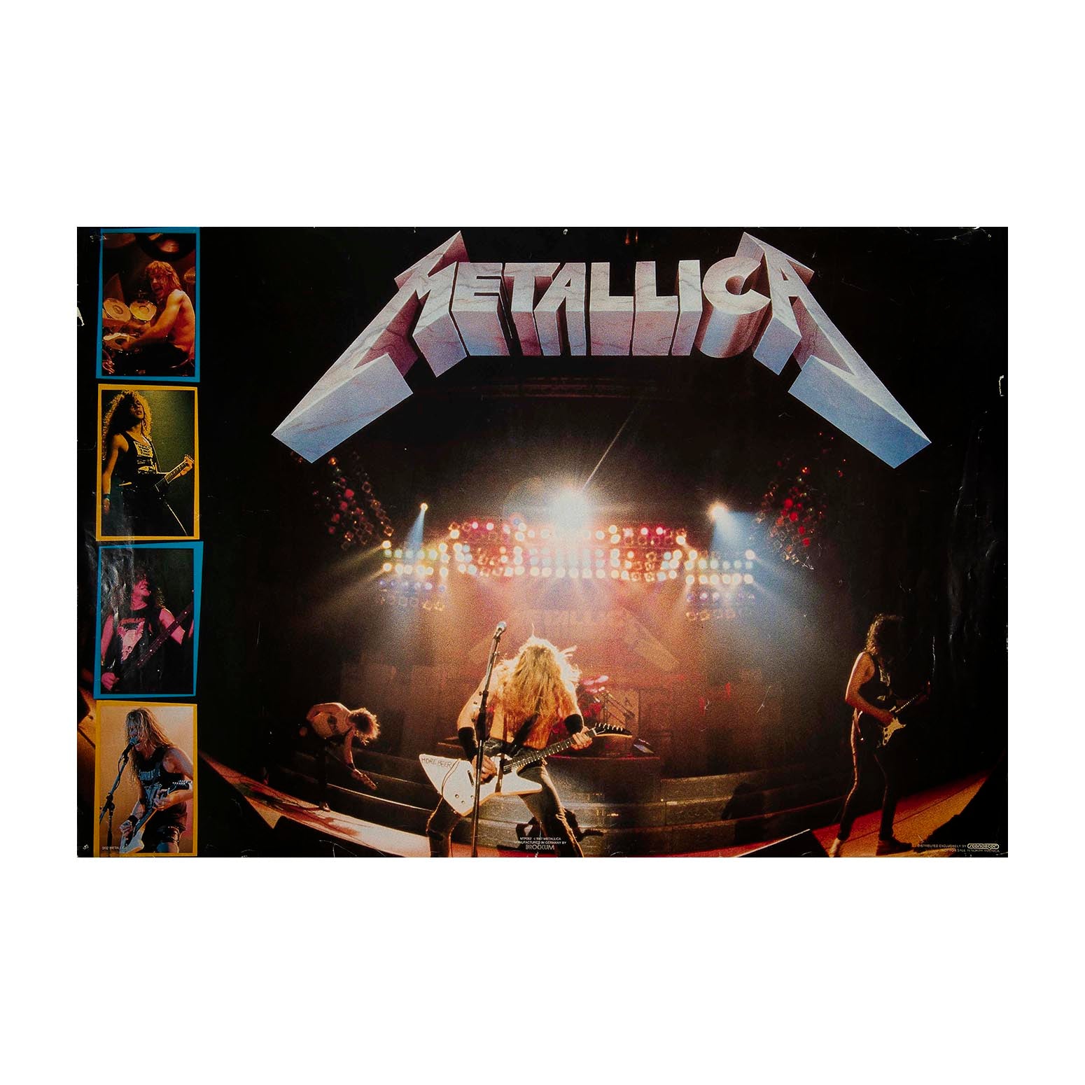 Metallica concert poster featuring the band's stage performance with the large 'Metallica' logo at the top, plus four smaller inset photos along the left side, shown against a white background.