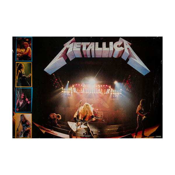 Metallica concert poster featuring the band's stage performance with the large 'Metallica' logo at the top, plus four smaller inset photos along the left side, shown against a white background.