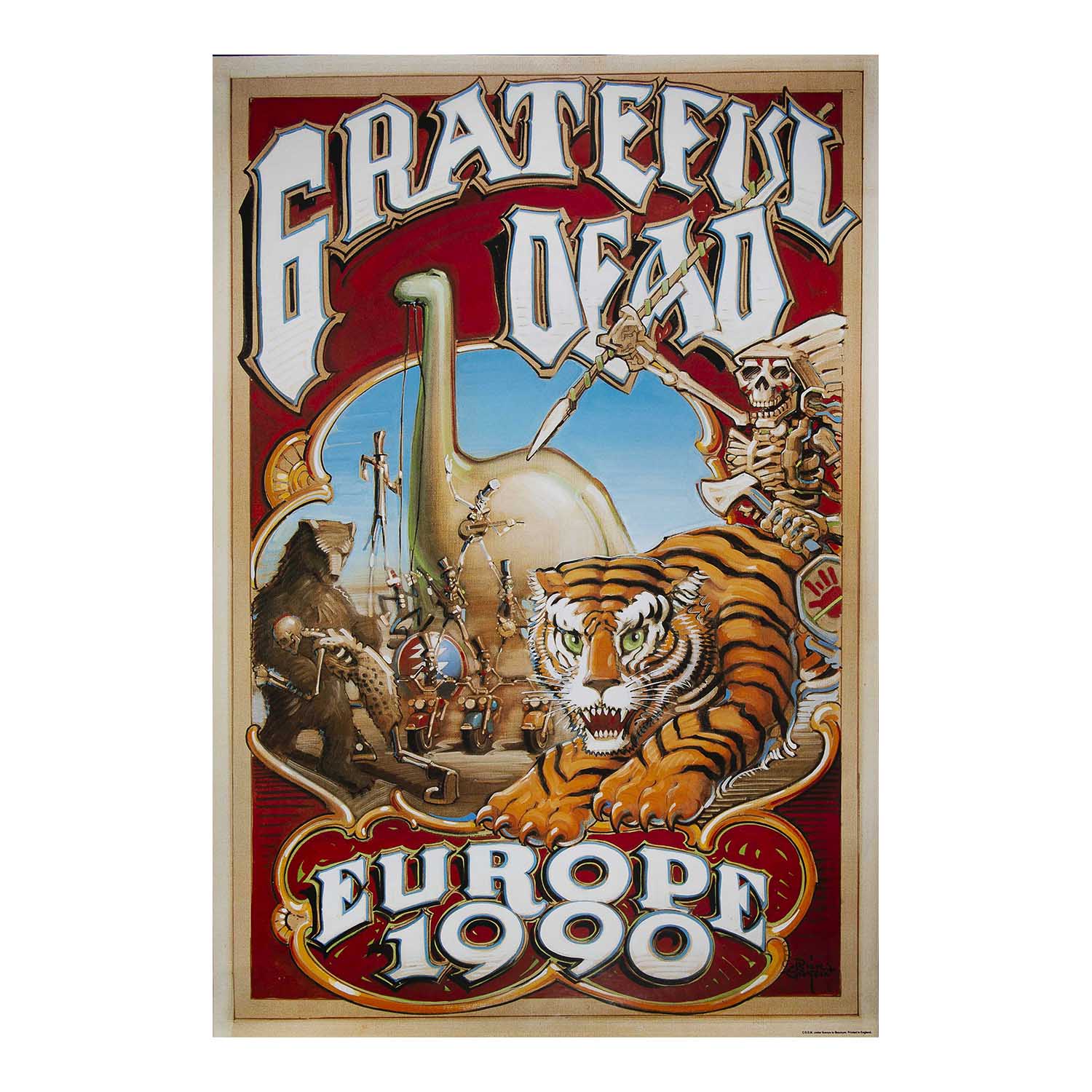 Grateful Dead 'Europe 1980' poster print featuring a colorful illustrated scene with a tiger, skeleton, guitar, and large stylized text on a red background, shown against a plain white backdrop.
