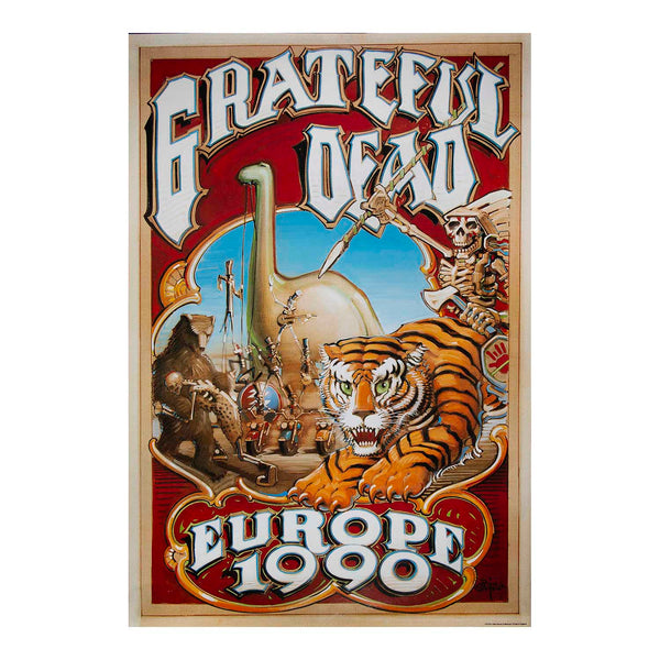 Grateful Dead 'Europe 1980' poster print featuring a colorful illustrated scene with a tiger, skeleton, guitar, and large stylized text on a red background, shown against a plain white backdrop.