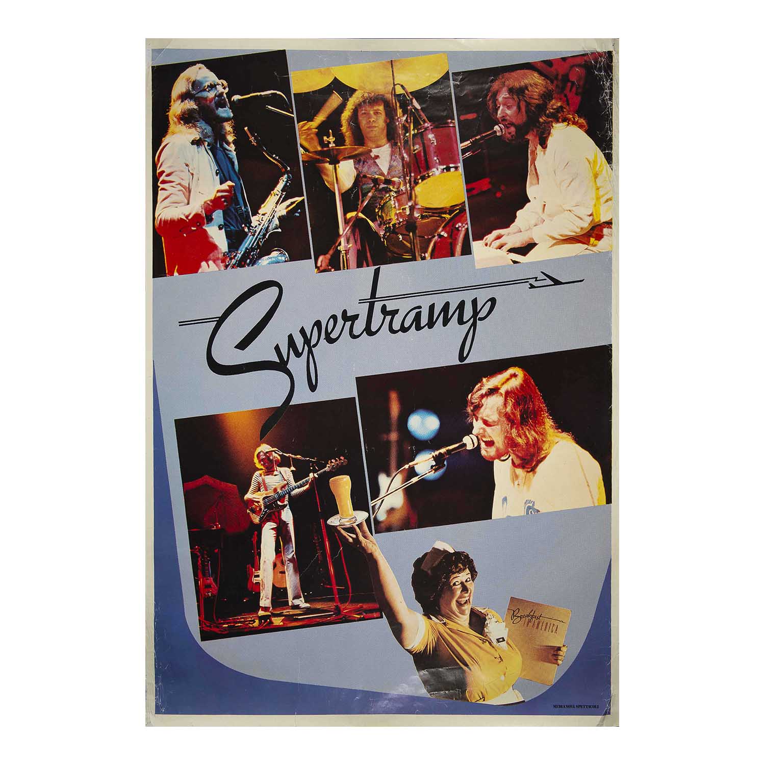 A vintage Supertramp band poster featuring multiple color photos of the band members performing on stage, with the band name 'Supertramp' in large black script across a blue-gray background.
