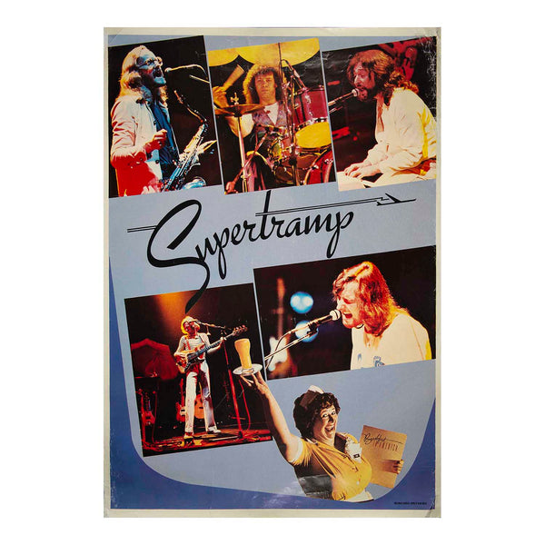 A vintage Supertramp band poster featuring multiple color photos of the band members performing on stage, with the band name 'Supertramp' in large black script across a blue-gray background.