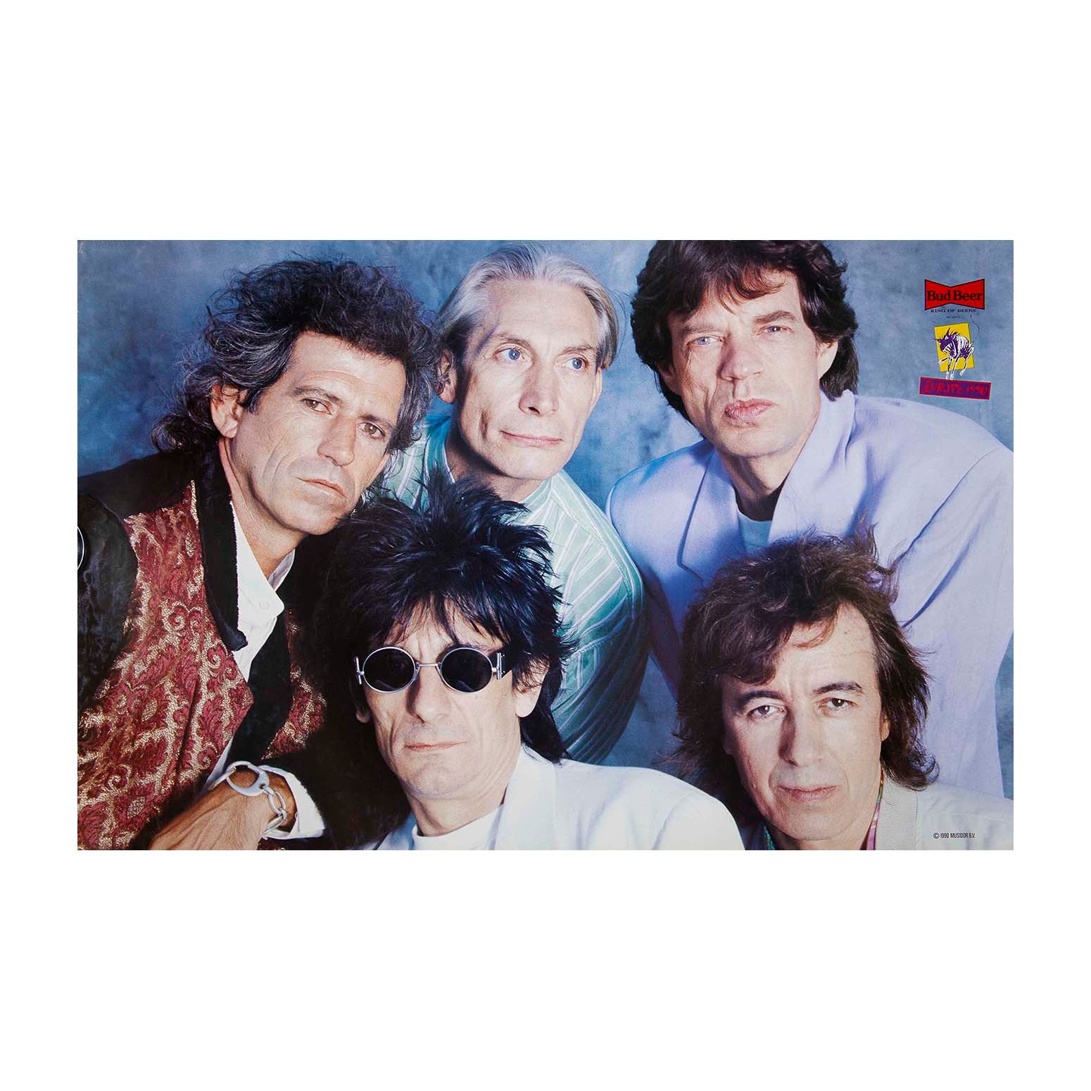 Original promotional poster, The Rolling Stones, published during the band’s 1990 European tour. The poster features all five members of the group (Mick Jagger, Keith Richards, Ronnie Wood, Charlie Watts, and Bill Wyman), together with the tour and sponsor logos