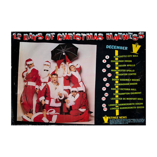 An original in-store promotional poster for Madness Christmas Tour 1980 (Christmas Madness). The design features a photograph of the band in Santa costumes, together with the 12 dates of the tour.