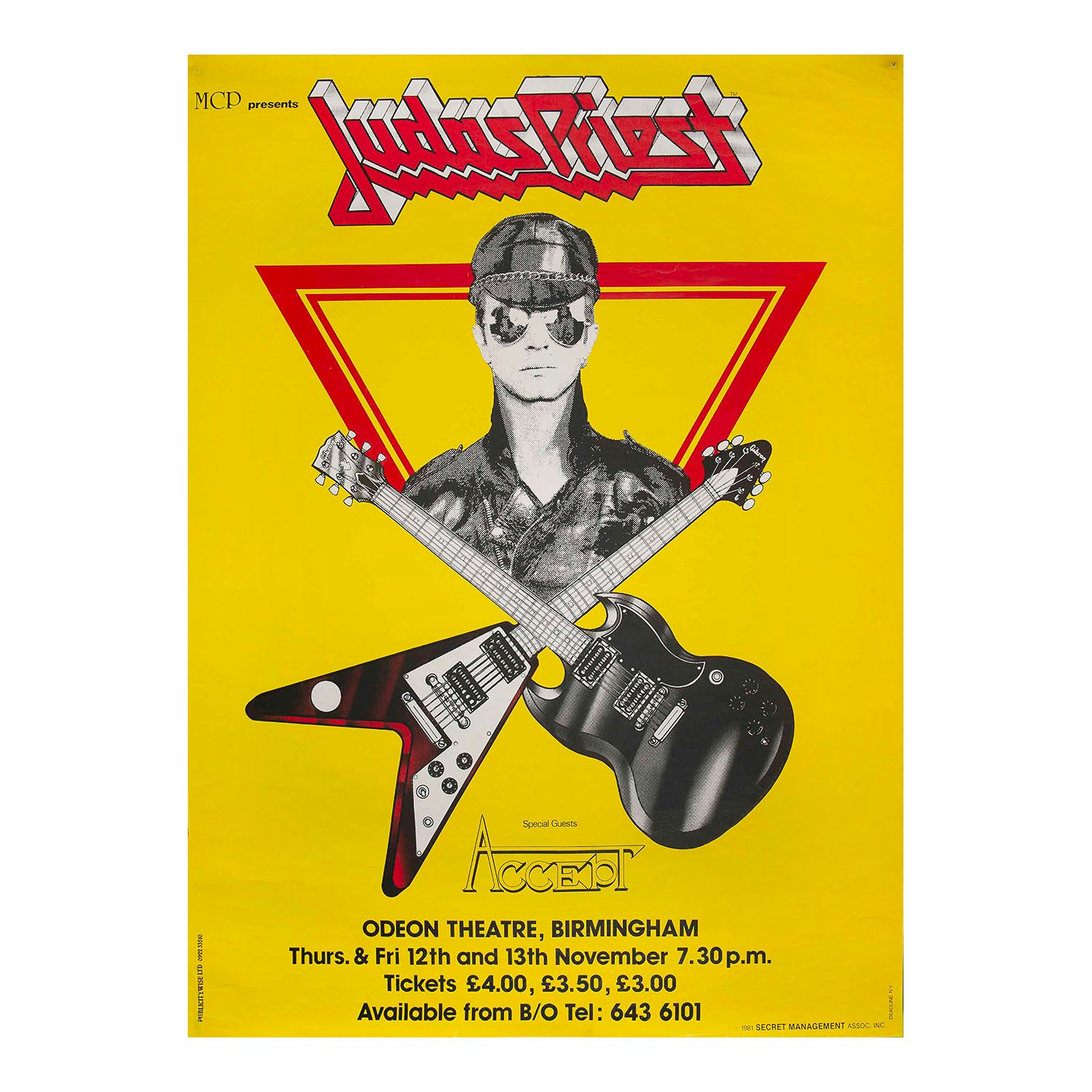 A vintage-style concert poster for Judas Priest, featuring a bright yellow background, the band name in large red-and-white lettering at the top, a black-and-white illustrated figure wearing a cap and sunglasses, two crossed electric guitars, and event details for the Odeon Theatre in Birmingham at the bottom.