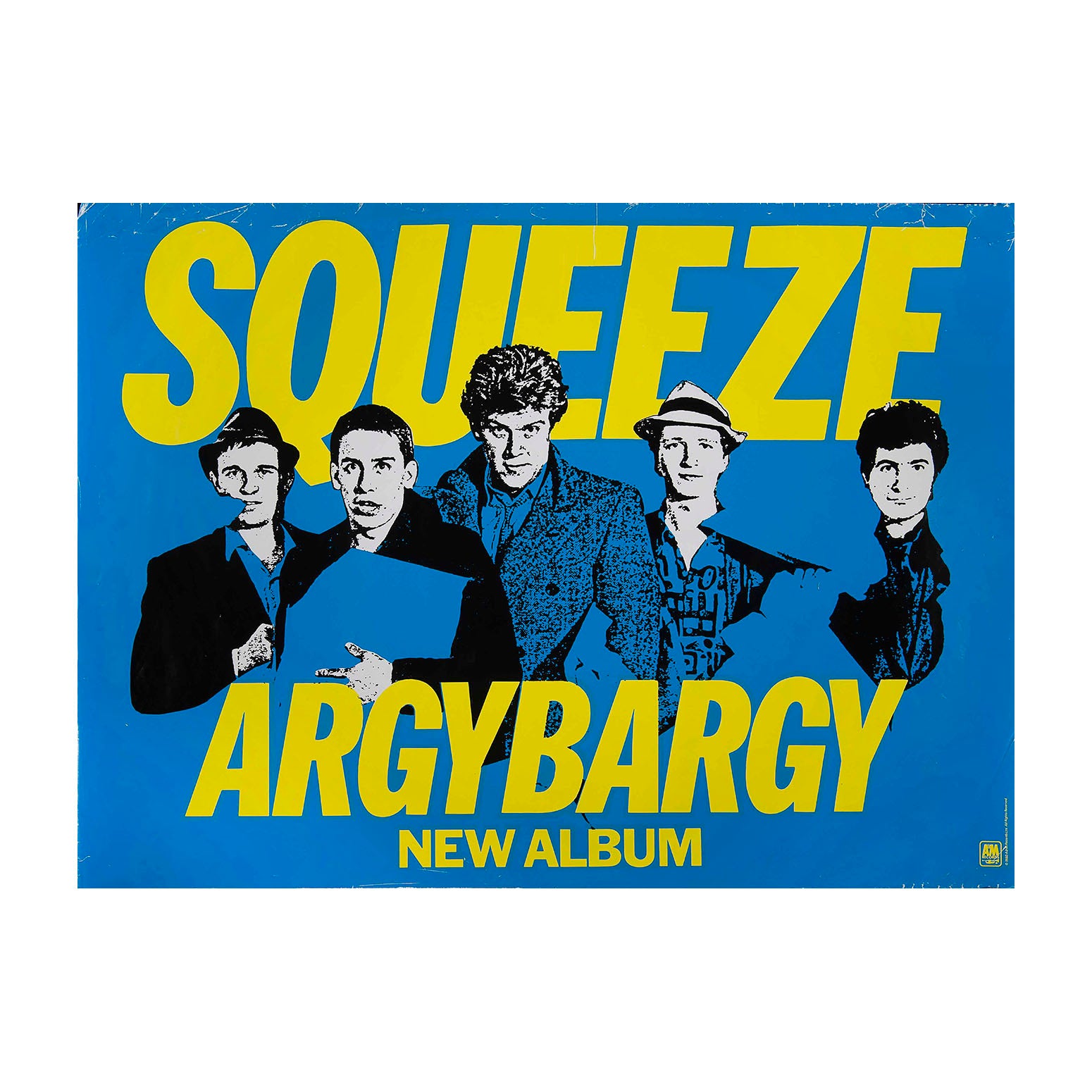 An original in-store promotional poster for Argybargy, the third studio album by the English new wave band Squeeze, released in 1980 on A&M Records. A rare poster featuring a version of the album cover artwork depicting band members Chris Difford, Glenn Tilbrook, Jools Holland, John Bentley and Gilson Lavis.