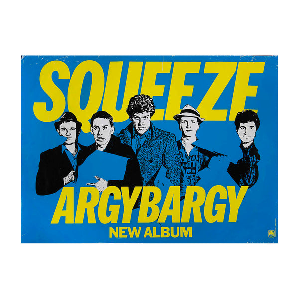 An original in-store promotional poster for Argybargy, the third studio album by the English new wave band Squeeze, released in 1980 on A&M Records. A rare poster featuring a version of the album cover artwork depicting band members Chris Difford, Glenn Tilbrook, Jools Holland, John Bentley and Gilson Lavis.