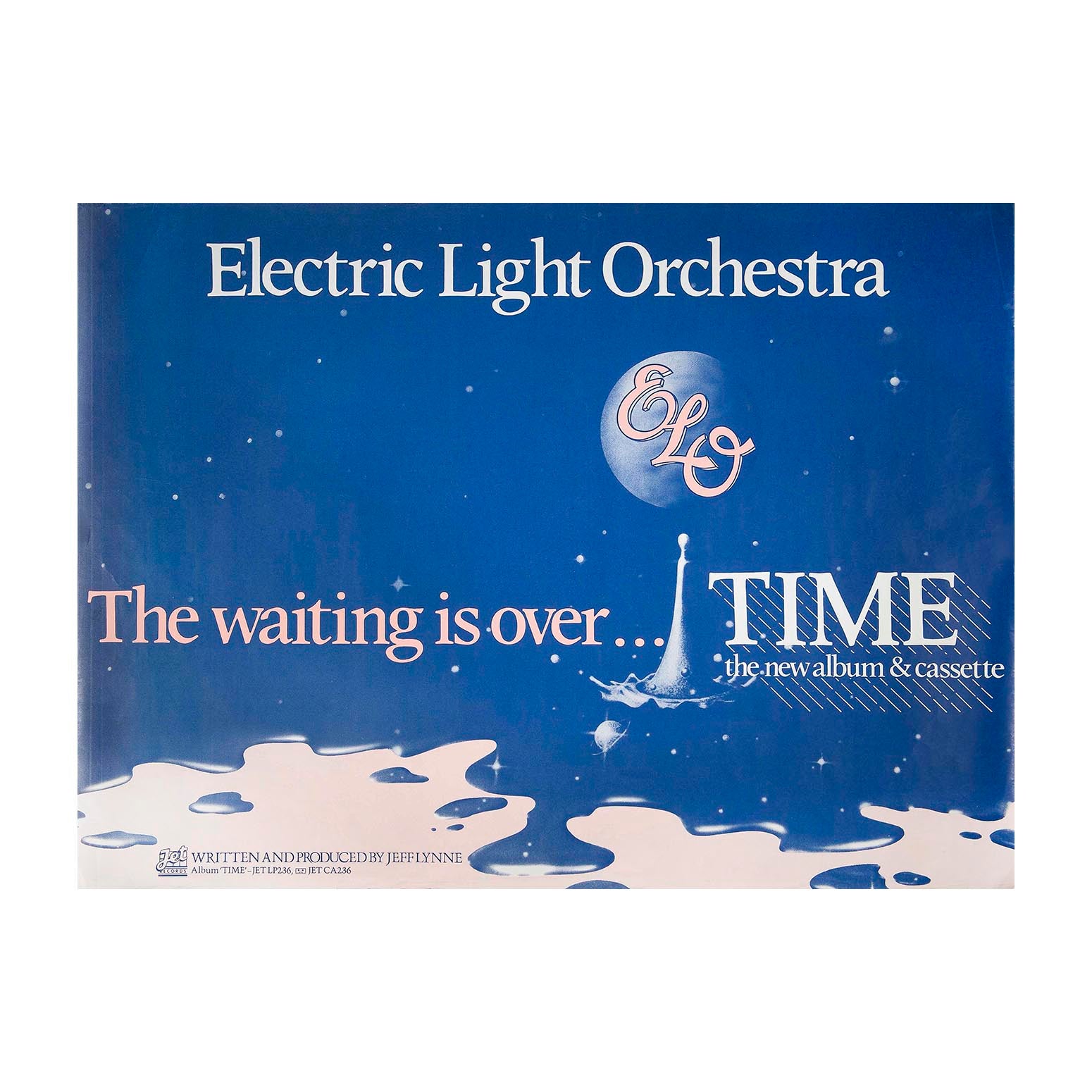 An original in-store promotional poster for Time, the ninth studio album by the English rock band Electric Light Orchestra (ELO), released in July 1981 on Jet Records. A rare poster featuring the album cover artwork with promotional overprint.