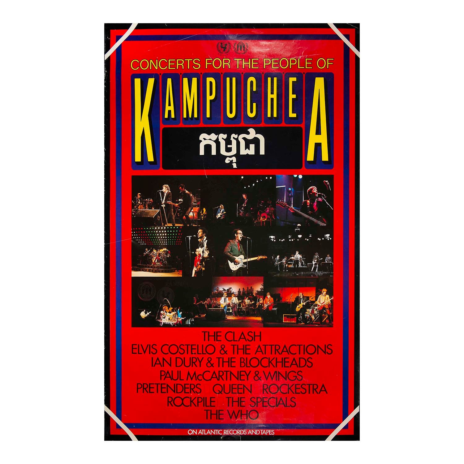 A concert poster for 'Concerts for the People of Kampuchea' featuring a bold red background, large yellow and white title text, and multiple concert photos of rock bands performing. Visible text includes The Clash, Elvis Costello & The Attractions, Ian Dury & The Blockheads, Paul McCartney & Wings, Pretenders, Queen, Rockpile, The Specials, and The Who.